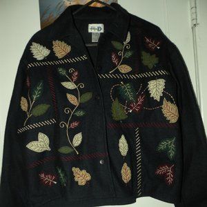 GORGEOUS WOOL LEAF APPLIQUE PAUL HARRIS DESIGNS BUTTON JACKET MEDIUM BLACK